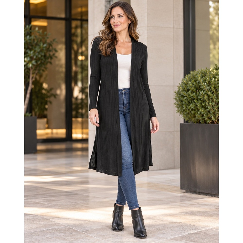 Maurices Cardigan Duster Womens M Black Ribbed Longline Open Front Midi Knit